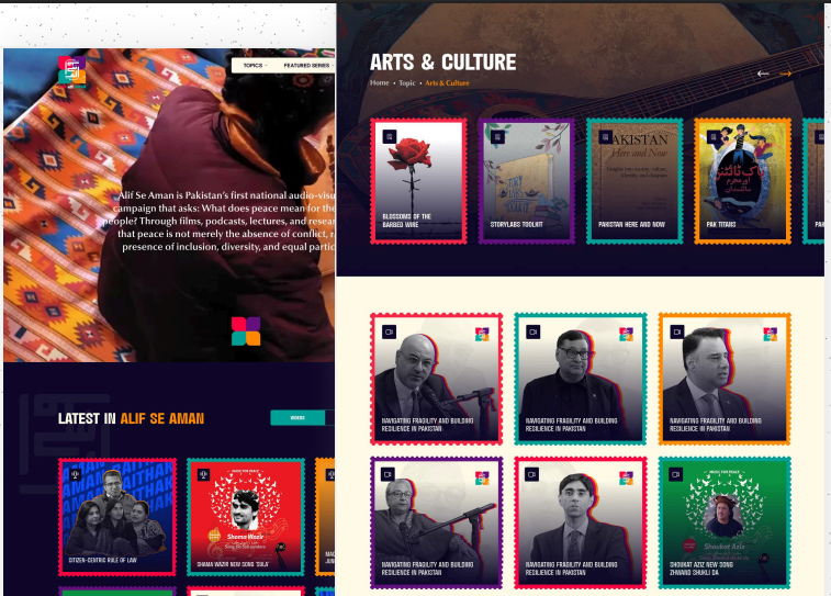 Alif Se Aman - Digital Campaign Website project showcasing Pakistan's first national audio-visual digital campaign advocating for peace, inclusion, and cultural dialogue with multimedia storytelling.