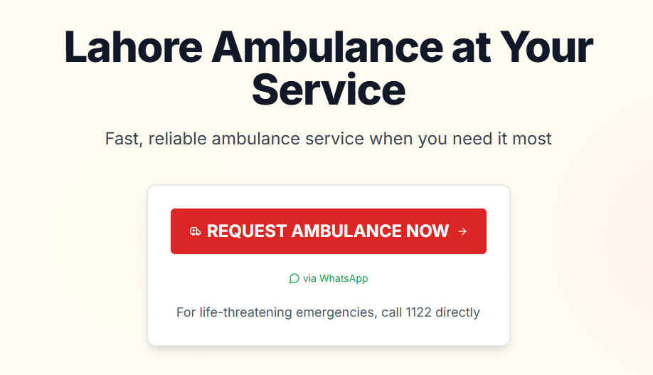 Lahore Ambulance - Service-Oriented Website project showcasing Urgent, accessible design with clear call-to-actions, multilingual support, and geo-location integration for dispatch efficiency.